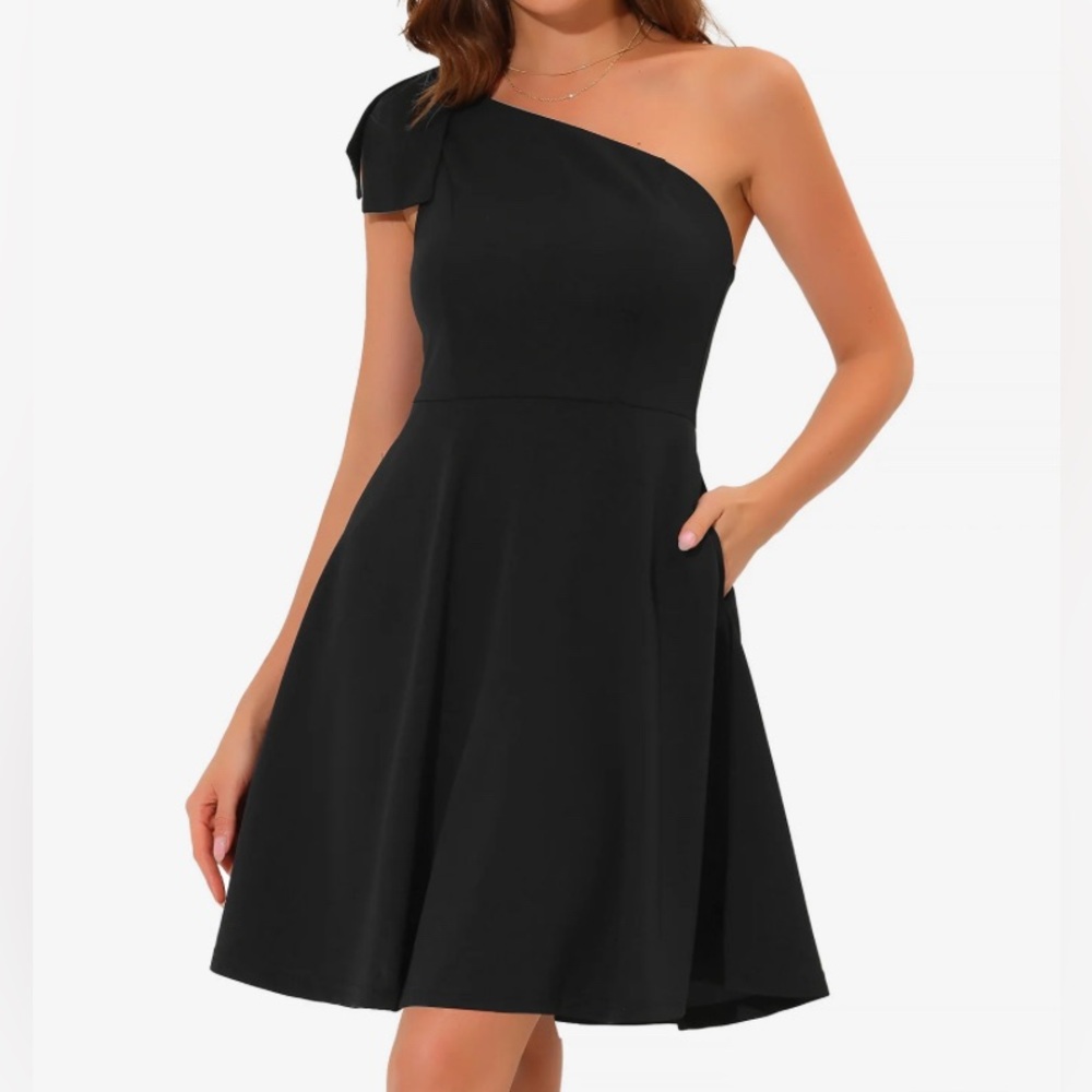 Allegra K Bow One Shoulder Sleeveless Pockets A-Line Midi Dress, Black